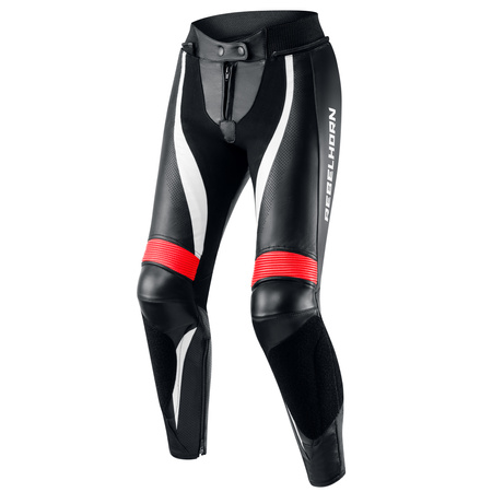 SPODNIE MOTOCYKLOWE SKÓRZANE DAMSKIE REBELHORN REBEL BLACK FLUO RED WHITE W34