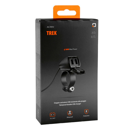 91812   Trek, wodoodporna podwójna ładowarka USB, 3 rodzaje mocowania - 5400 mA - 30W - 12/24V