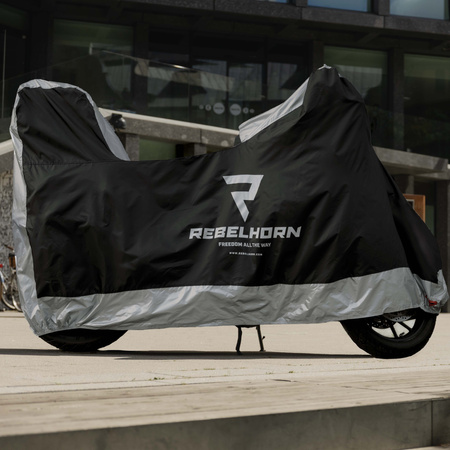 POKROWIEC NA MOTOCYKL REBELHORN COVER 2 Z MIEJSCEM NA KUFER BLACK SILVER M