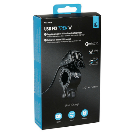 38828 Usb-Fix Trek, podwójna, wodoodporna ładowarka USB mocowana na kierownicy - Ultra Fast Charge - 5400 mA - 12/24 V